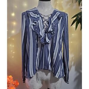 L'Academie Revolve The Ruffle Boho Blouse Lace Up Top Sailor Stripe Women's M